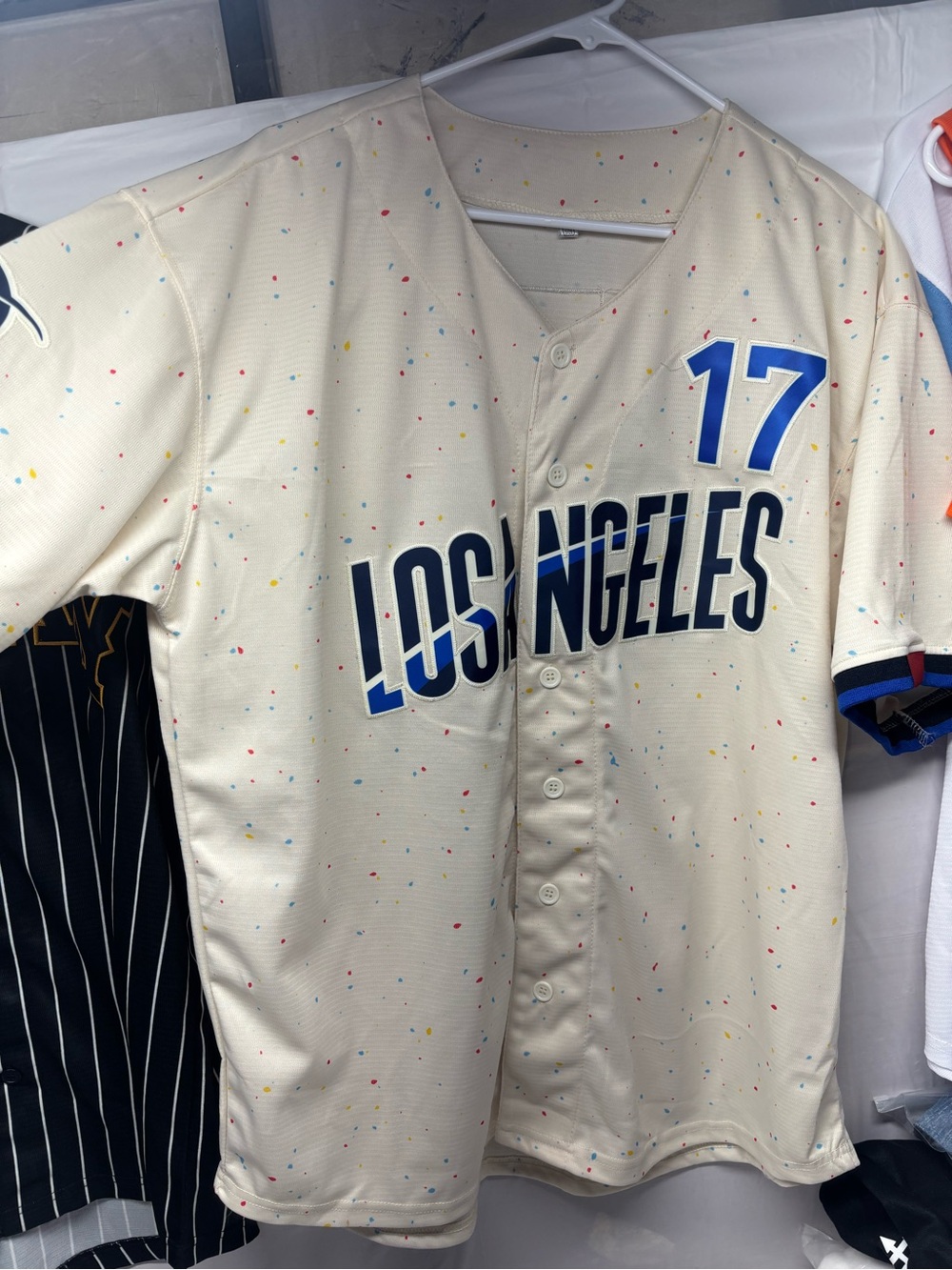 Los Angeles men’s Cream Baseball Jersey with Blue Accents